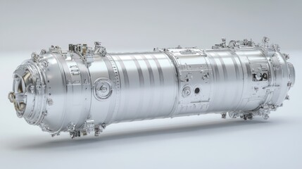 Sleek metallic cylindrical object, possibly a spacecraft or industrial component, with various attachments and details.