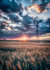 A vast open field with tall golden grasses stretching towards the Nebraska horizon. there's a windmill