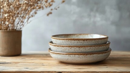 Handmade ceramic plate set on a wooden table, showcasing the rustic charm of the pottery with its uneven edges and earthy glaze. Simple elegance of handmade item captured against neutral background