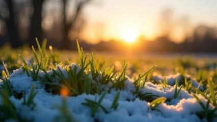 Morning Sun Shining Through Trees Over a Field Covered with Snow