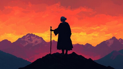 Silhouette of a Figure on Mountain Peak Against Vibrant Sunset Sky