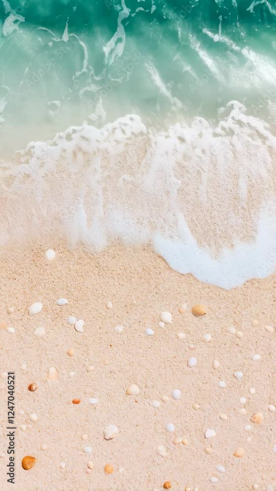 Poster turquoise ocean waves gently wash over a sandy beach covered with seashells in a tranquil slow motio