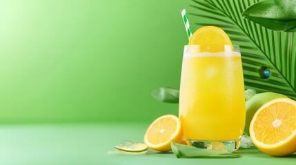 Fototapeta premium Refreshing Citrus Drinks with Fresh Green Background - This vibrant image showcases a refreshing citrus drink surrounded by fresh fruit and greenery, symbolizing summer, vitality, freshness, health