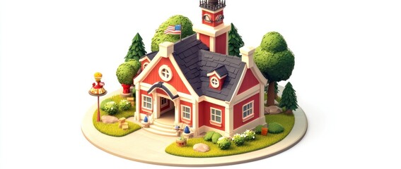 Charming red schoolhouse nestled in a vibrant green landscape.