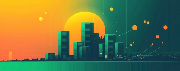 A vibrant digital cityscape at sunset, featuring tall buildings and a gradient sky, combined with abstract elements and a futuristic feel.