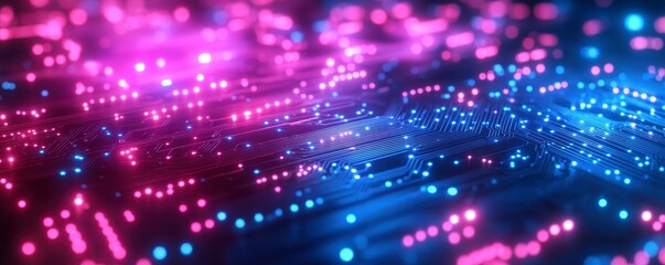 Naklejka premium A vibrant digital landscape with glowing blue and pink lights, resembling a circuit board in a futuristic setting.