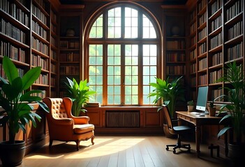 Classic Wooden Library Interior with Arch Window
