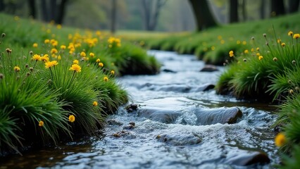 Yellow Wildflowers Blooming Along a Small Riverbed