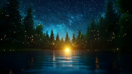 Naklejka premium Night Forest Lake with Starry Sky Reflection