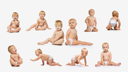 Babies in different postures, sitting, crawling, looking around, each displaying unique reactions,...
