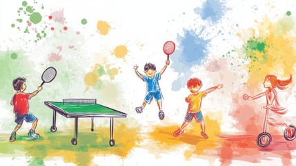 Happy children playing badminton, table tennis, and scooter. Colorful watercolor splash background.