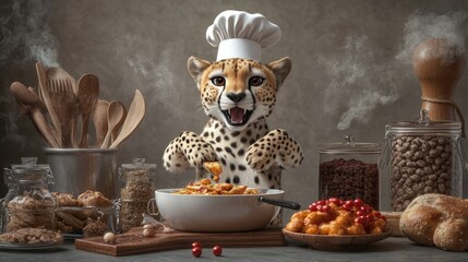 Cheetah chef proudly presents a steaming bowl of pasta, surrounded by various kitchen ingredients and utensils.