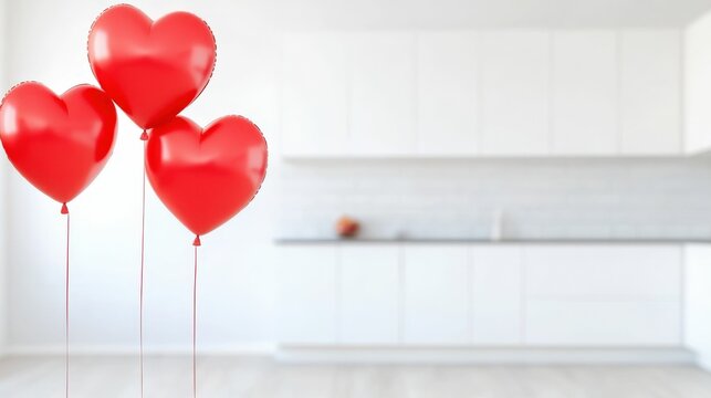 Romantic red heart balloons in minimalist kitchen setting for valentine's day decor inspiration