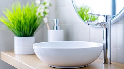Fototapeta premium Modern Bathroom Elegance with Contemporary Fixtures - This image symbolizes simplicity, cleanliness, nature, modern design, and tranquil living in a stylish bathroom setting.