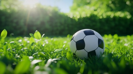 Naklejka premium Soccer Ball on Green Grass in Sunshine - A close-up of a soccer ball resting on lush green grass, illuminated by soft sunlight, conveying a peaceful outdoor sports atmosphere.