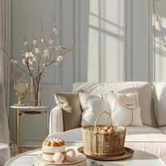Modern living room with Easter basket and cake on table