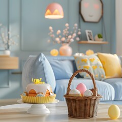 Modern living room with Easter basket and cake on table
