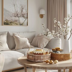 Modern living room with Easter basket and cake on table