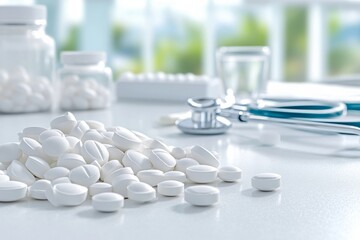 Many pills lie on the doctor's table. Generative AI