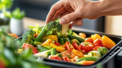 fryers make clean food cooking easy in the kitchen. Fresh vegetables in a container with a hand selecting broccoli.
