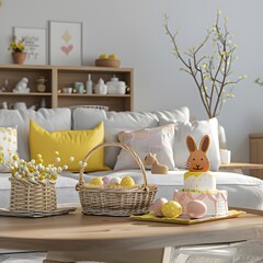 Modern living room with Easter basket and cake on table