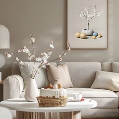 Modern living room with Easter basket and cake on table