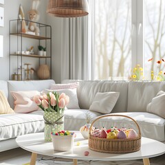 Modern living room with Easter basket and cake on table