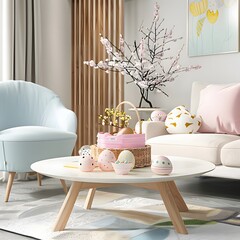 Modern living room with Easter basket and cake on table