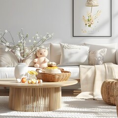 Modern living room with Easter basket and cake on table
