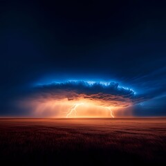 Night Storm Landscape with Intense Lightning