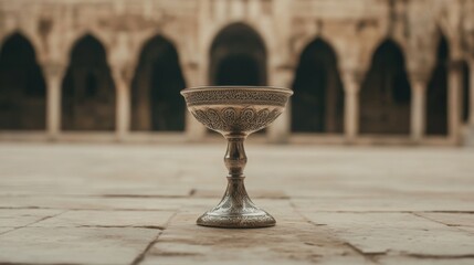 Fototapeta premium Ornate metal cup in ancient courtyard; historical atmosphere; possible use for religious or cultural images