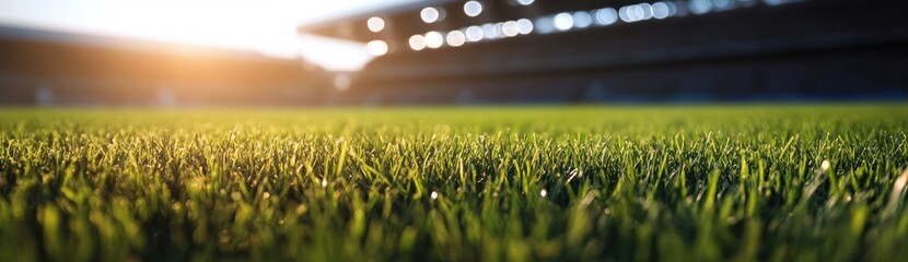 Close-up of lush green grass on a stadium field with blurred background.