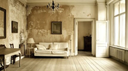 Elegant living room in a vintage building with damaged walls, wooden floor, and antique furniture.