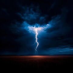 Night Storm with Dramatic Lightning Bolt over Field