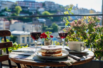 Romantic balcony brunch with cake and wine