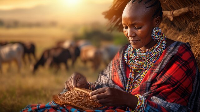 A Maasai woman sitting outside a traditional manyatta hut, wearing an intricate beaded necklace and earrings