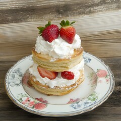Strawberry Shortcakes Delight: Two fluffy shortcakes layered with whipped cream and juicy strawberries, presented on a vintage floral plate. A delightful dessert image perfect for food blogs.