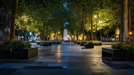 Fototapeta premium Night view of a city park with illuminated trees, pathways, and a central fountain.