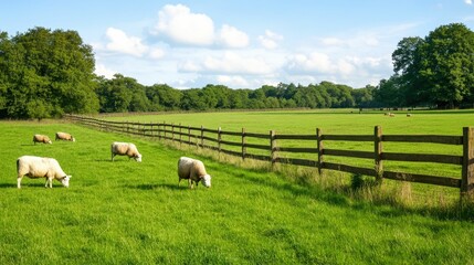 Peaceful countryside scene with grazing sheep on lush green pasture under blue sky