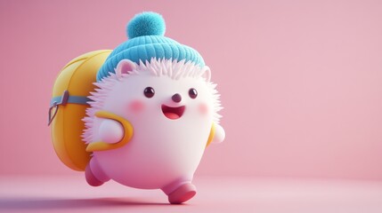 Cute cartoon hedgehog wearing a winter hat and carrying a backpack, running on a pink background.