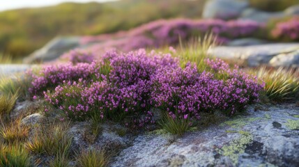Obraz premium Vibrant pink heather blossoms flourishing amidst grey rocks and green grasses in a sunlit landscape.