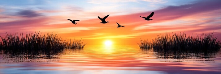 Fototapeta premium Beautiful Sunset Over Calm Water - A stunning sunset with vibrant colors reflecting on the water, featuring silhouetted birds and lush grasses by the shore.