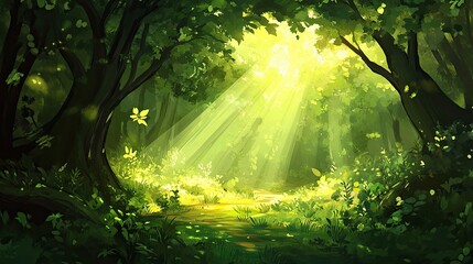 Obraz premium The sun shines through a verdant forest canopy in spring
