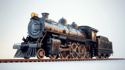 Naklejka premium Vintage steam locomotive on tracks, weathered, isolated on white background.