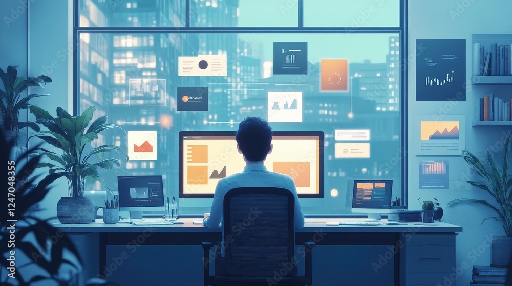 Poster a person working at a desk with multiple computer screens displaying various charts and data, set ag