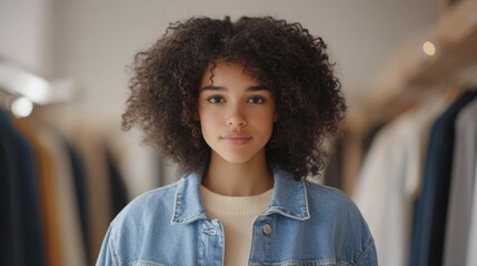 Fototapeta premium Portrait of a young woman with curly hair in denim jacket