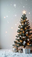 Snowflakes gently fall around a Christmas tree on a pristine white wall, serene scene, white wall