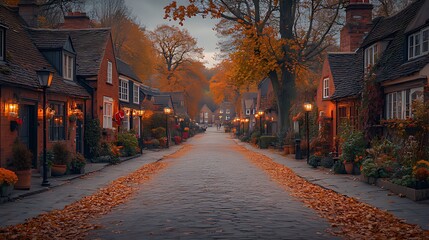 Fototapeta premium Autumnal village street, misty morning, fall leaves, cozy homes, travel