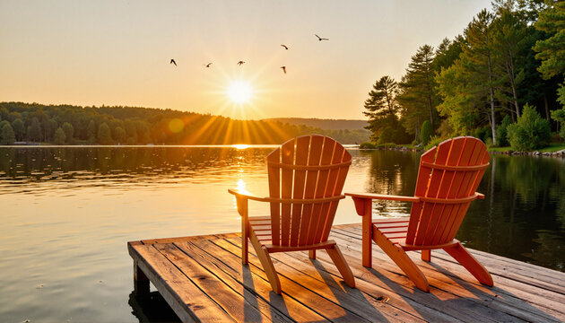 Serene Adirondack chairs at sunset by calm lake, tranquil escape - Powered by Adobe