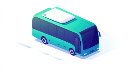 Isometric illustration of a teal bus traveling on a road.